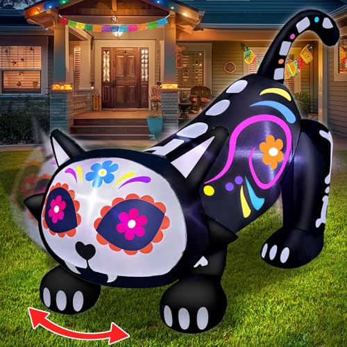 [ Shakable Head ] 5 Ft Day of The Dead Halloween Inflatables Skeleton Black Cat with Sugar Skull Dia De Los Muertos Decorations Blow Up Calaveras Cat Decorations with Built-in LEDs Yard Lawn Garden