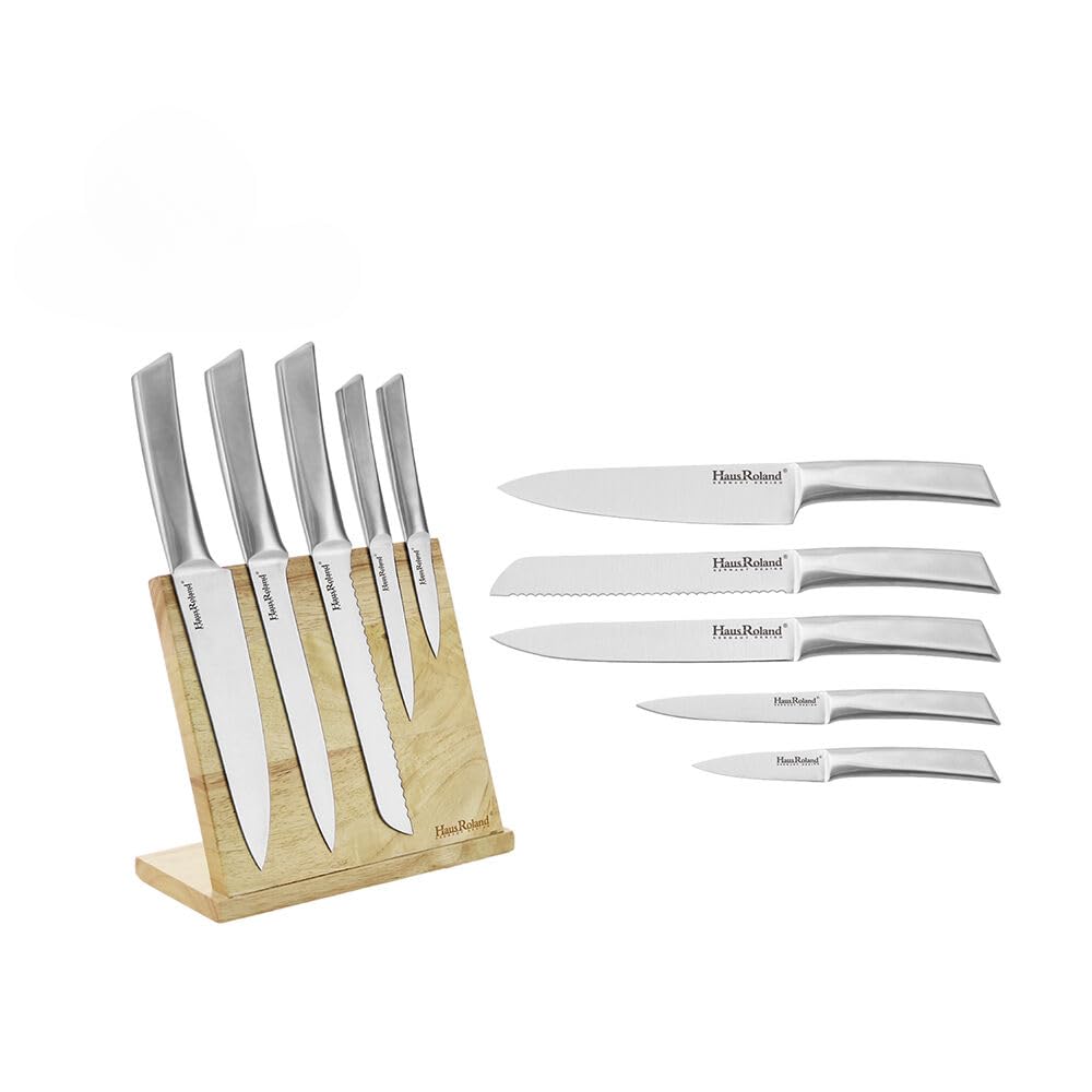 Stainless Steel Knife Set with Wooden Block, Kitchen Knives, Ergonomic Handle Cutting Knife Set, Gifts for Women and Men (Set of 6)
