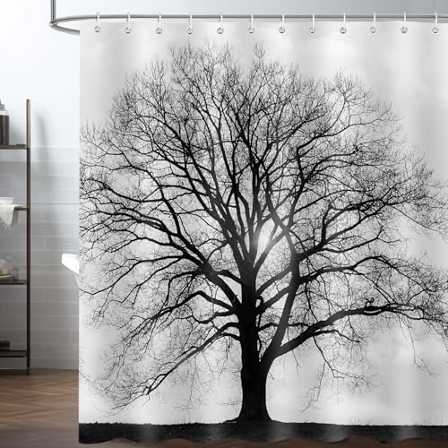 JAZEAOI Tree Shower Curtain, Black and White Tree Art Prints Silhouette Nature Landscape Pattern Mens Bathroom Accessory Set, Waterproof Polyester Fabric Bath Curtain with Hooks 72x72 Inch