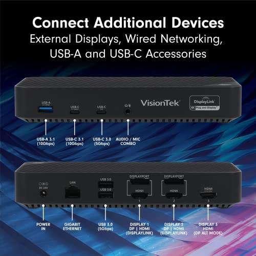 Visiontek Vt7000 Universal Usb-C Docking Station 3X 4K Displays With 100W Power Delivery – 3X Usb-A, 2X Usb-C For Windows, Chromebook And Mac, Including M1 And M1 Pro - 901468 Black #TOP1