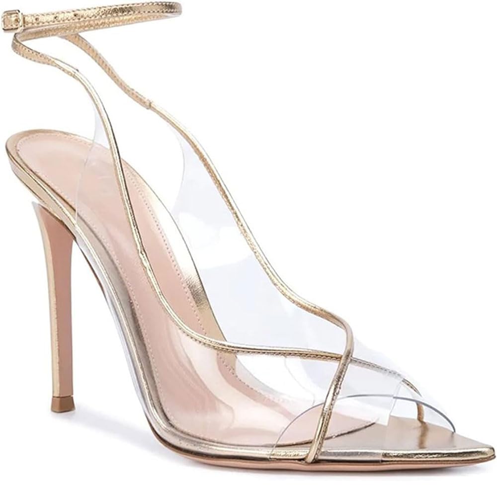 Hyfzxwx Women's F Transparent High Heels Or Sexy Pointed Toe Stiletto Pumps Open Toe Ankle Strap Wedding Shoes Bridal Sandals Slingback Dress Shoes Sexy/F/39Eu