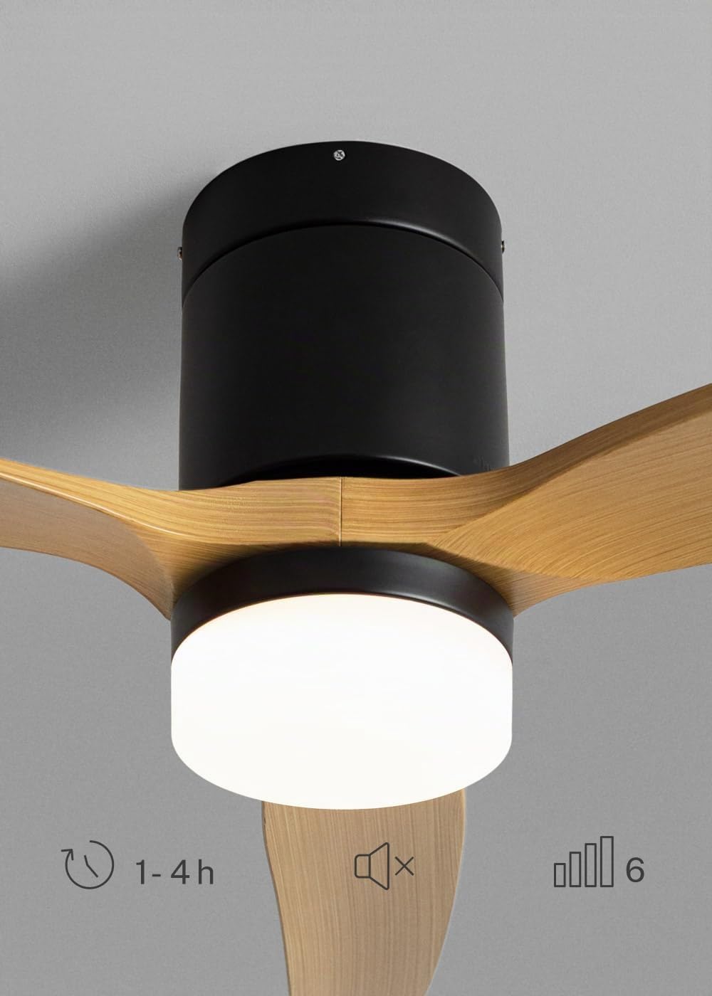 CREATE / WINDCALM L/Ventilador de techo ABS con luz negro aspas efecto madera clara con Wifi y mando / 40W, Silencioso, Ø152 cm, 6 velocidades, 3 temperaturas de luz, función verano-invierno
