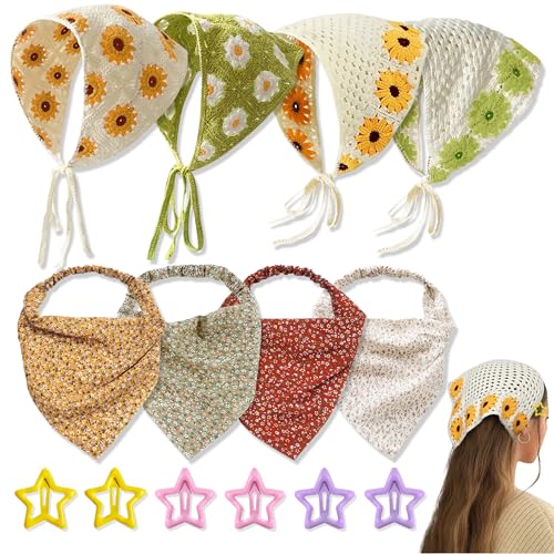 YiiHHooN Crochet Hair Bandana, 8 Pañuelos Bandana Florales para el Pelo y 6 Horquillas de Estrella, Pañuelos Vintage para Mujer Bandanas de Ganchillo Diademas de Margarita