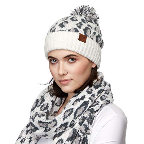 Image of C.C Exclusives Soft Beanie hat with Leopard Pattern and Fur Pom(HAT-7001)(SF-7001)