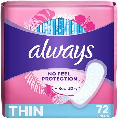 Always Thin No Feel Protection Daily Liners, Regular Absorbency, Designed with a Breathable Layer to Help Keep You Dry, Unscented, 72 Count