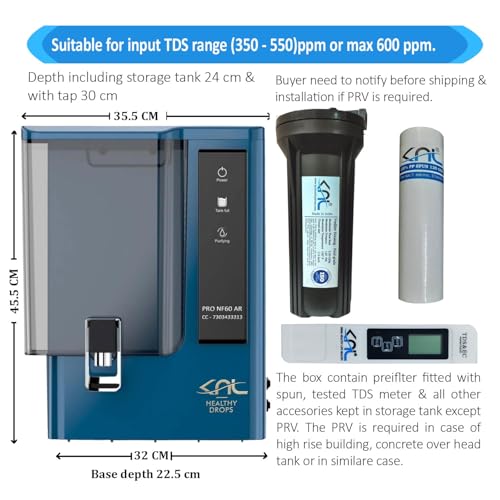 Image of KNL PRO NF60 AR Blue NF (Nano Filtration) water purifier with SS 304 UV, with Alkaline regulator, for input TDS range (350-550) ppm, Reduces TDS (65)%, no TDS controller, tank 10 liters + TDS meter