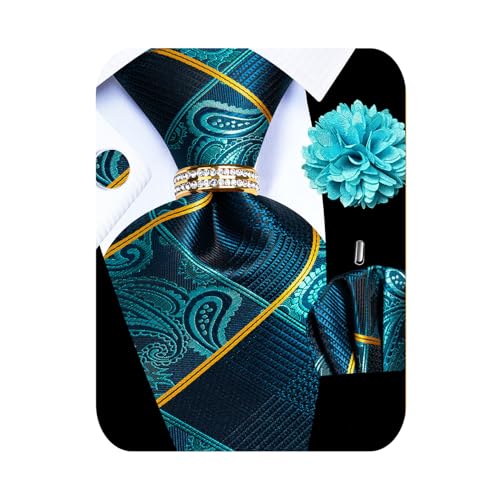 Image of 5PCS Mens Premium Silk Tie, Pocket Square, Cufflinks, Drilled Tie Ring and Lapel Pin Set for Wedding Groom Party