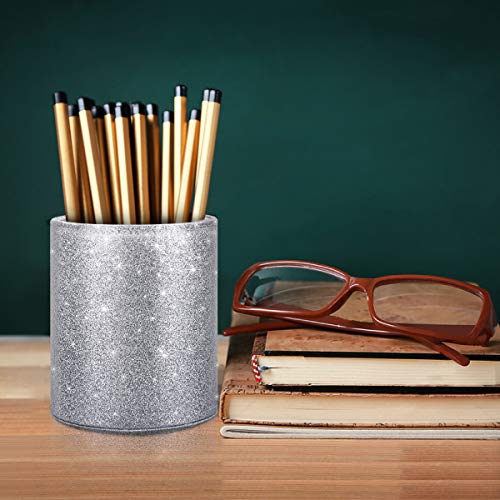 Image of Glitter Pen Holder, Pencil Cup Desk Sparky Bling for Women Girls, Luxury Durable Makeup Brush Holder Large Pu Leather Multi-Functional Organizer Cup for Office, Classroom, Home, Silver
