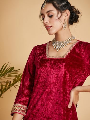 Image of Women's Velvet Floral Embroidered Straight Kurta | Round Neck Three-Quarter Sleeve Calf Length Kurti with Thread Work