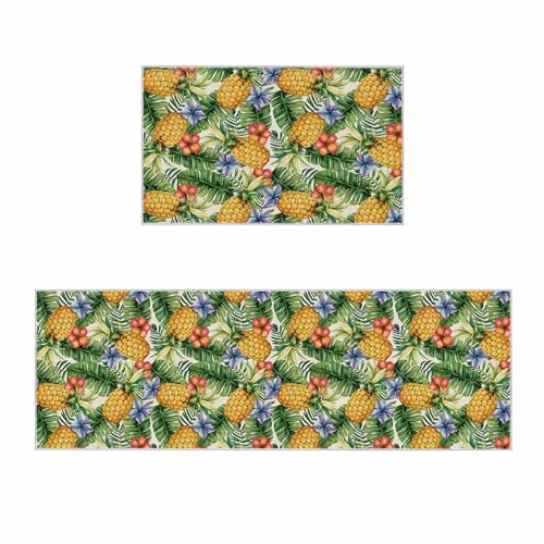 2 Pieces Kitchen Rugs and Mats,Seamless Pineapple Flower Leaf Area Runner Rug Set Non Slip Floor Doormat Washable Carpet Standing Mat for Kitchen Sink Indoor Corridor,Summer Tropical Fruit Plant