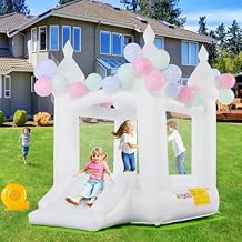 AKEYDIY White Bounce House, Outdoor Indoor Fun Bouncy House with Blower, Bouncy Castle Inflatable Bouncer Slide for Kids 3-8, 102" x 70" x 97", W/ 108 Air Balloon, Carrying Bag, Ground-Cloth, Patches
