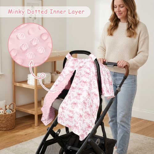 Image of Baby Car Seat Cover, Soft Minky Warm Winter Car Seat Canopy for Infants & Toddlers, Opening with Adjustable Strap, Breathable Nursing Cover & Stroller Blanket, Bow Flowers (Fits Most Car Seats)
