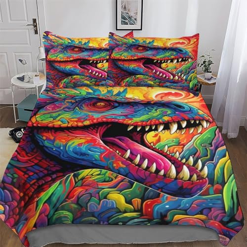 Juego de ropa de cama con diseño de dinosaurios en 3D, funda nórdica para dormitorio para niñas y niños, con fundas de almohada, microfibra, funda nórdica doble (200 x 200 cm)