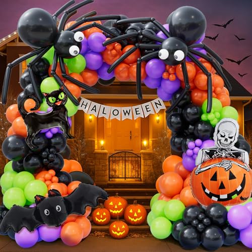 Bonropin 173pcs Halloween Balloon Garland Arch kit with Black Orange Green Purple Balloons Spider Balloons Halloween Foil Balloons for Haloween Theme Party Background Classroom Decorations - image 1