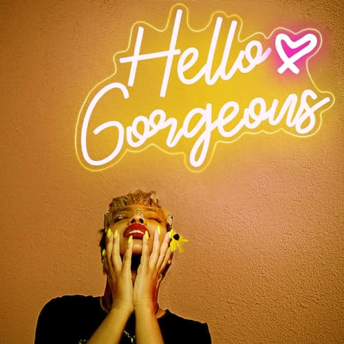 Image of DAKABUKA Hello Gorgeous Neon Sign Hello Beautiful Warm White LED Neon Lights for Home Wedding Birthday Backdrop Bacelorette Party Wth Dimmable Switch(5V,16.5X10.6inches)
