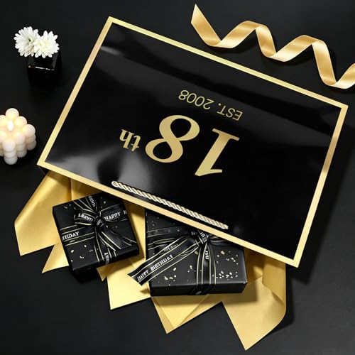 Image of JMANNI 18th Birthday Gift Bag with Card and Tissue Paper for Men Women Him, 13 inch Elegant Black Gold Anniversary Keepsake Party Present Shopping Paper Bags for Gifts Wrapping (EST.2008 /Black /Medium)