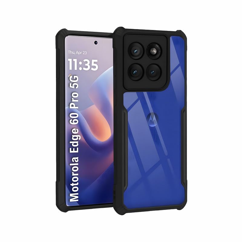 Image of AIBEX Compatible for Motorola Edge 60 Pro 5G Mobile Back Case Cover, Crystal-Clear Shockproof Bumper with Camera Guard | 360 Hybrid Protection (TPU+PC) | Anti-Yellow, Slim Transparent - Black