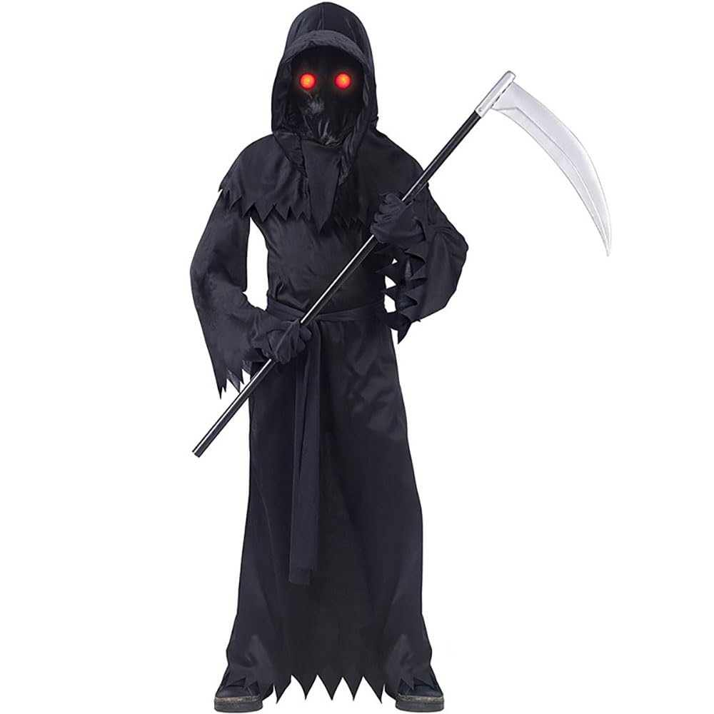 Halloween Kids Grim Reaper Costume, Black Hooded Robe with Scythe for Boys and Girls, Scary Kids Phantom Costume for Fancy Dress Party Stage Performance and Cosplay Props