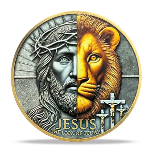 Half-Face Jesus Lion Religious Coin Inspirational Bible Verse Medallion Faith-Based Gifts for Spiritual Encouragement for Men & Women