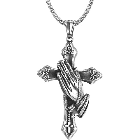 REchoLI Cross Necklace for Men,Stainless Steel Praying Hands Silver Cross Pendant Religious Necklace Chain Christian jewelry 60 cm/23.6 inches