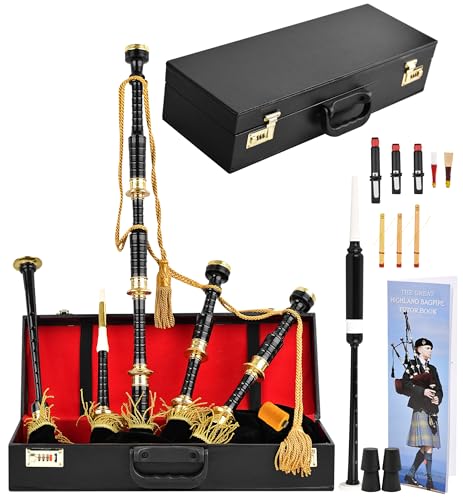 Highland Redstone Professional Full-Size Rosewood Scottish Bagpipe – Lead-Free Glossy Black Finish | Gold-Engraved Mounts & Ferrules | Cowhide Leather Hard Case | Premium Reeds + FREE Practice Chanter