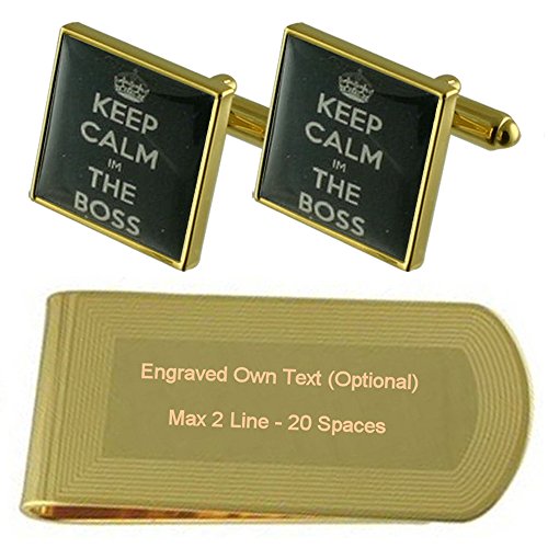 Gemelos y clip de billetes dorados grabados Keep Calm, set de regalo para hombre