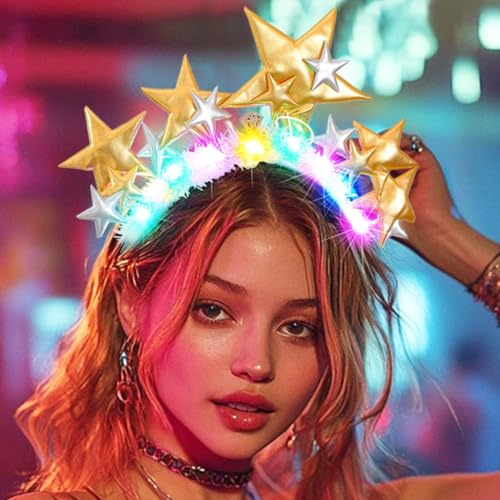 Zoestar Light Up Star Crown Headband Gold Stars LED Headbands Glowing Bridal Headpiece Hair Accessories for Women - Image 2