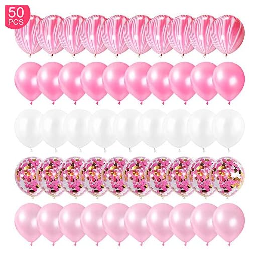 KEPMOV Ballong, 50 stycken rosa vita konfetti ballonger födelsedag latex helium ballonger för födelsedag, bröllop, baby shower, dekoration, affärer