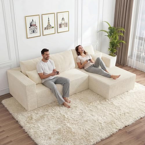 Image of 108 inch Modular Sectional Sofa, L-Shape Cloud Couch with Deep Seats & Chaise,4-in-1 Covertible Corduroy Boneless Couches for Living Room,Bedroom,No Need Assembly - Beige(Right Facing Chaise)