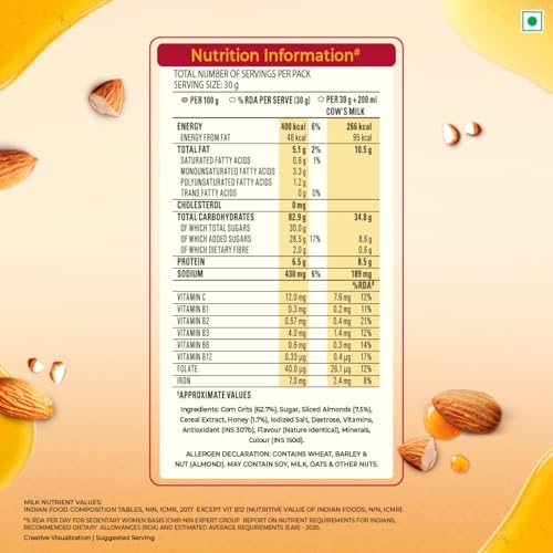 Image of Kellogg's Corn Flakes Real Almond Honey 300g| High in Iron, Vitamin B1, B2, B3, B6 & C | Naturally Cholesterol Free | Corn Flakes, Breakfast Cereal (Pack of 3)