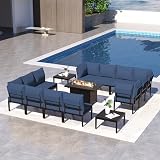 RTDTD 15 Piece Patio Furniture Set with 45" Propane Gas Fire Pit Table Metal Outdoor Patio Conversation Sectional Sofa Set with Coffee Table for Patio, Backyard, Deck(Navy)