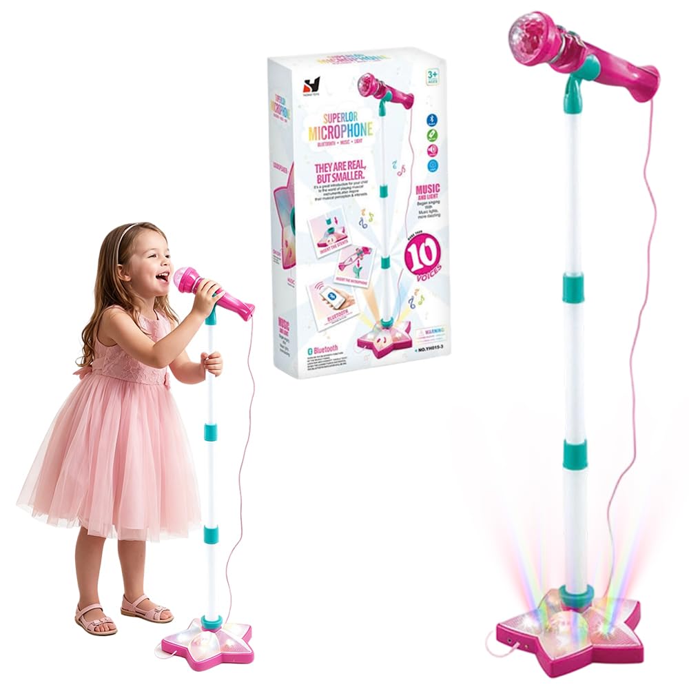 NKFBEV Kids Microphone and Stand, Kids Karaoke Machine with Flashing Stage Lights & Bluetooth Function, Kids Microphone with Stand, Sing Musical Toy for Girls Boys Birthday Xmas Gift