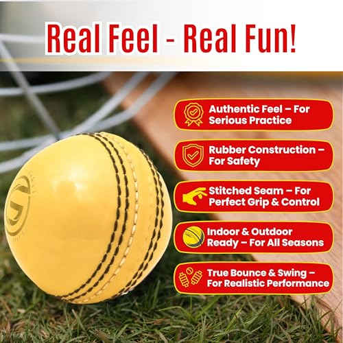 Image of Soft Rubber Cricket Ball for Practice | Outdoor & Indoor Practice Cricket Ball with Core & Stitched Seam | Realistic Feel, True Bounce & Swing for Practice, Honing Skills & Family Fun