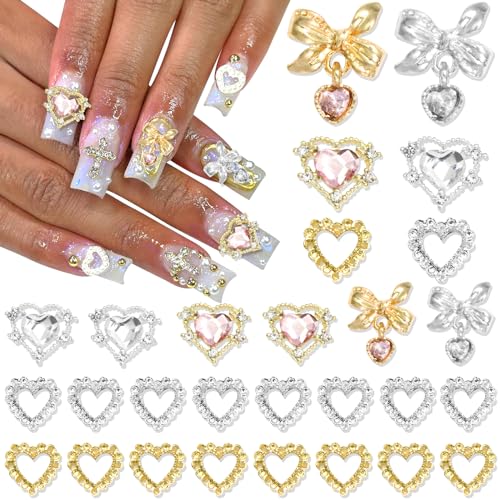 Heart Nail Charms 3D 30PCS Crystal Bow Nail Charms Gold Silver Heart Charms for Nails Crystal Nail Gems and Rhinestones for Nail Art and DIY Crafts Decoration