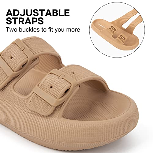 Longbay Women Men Double Buckle Adjustable Eva Slide Slippers Cloud Pillow Sandals (Brown, 8.5-9.5 Women/6.5-7.5 Men #TOP5