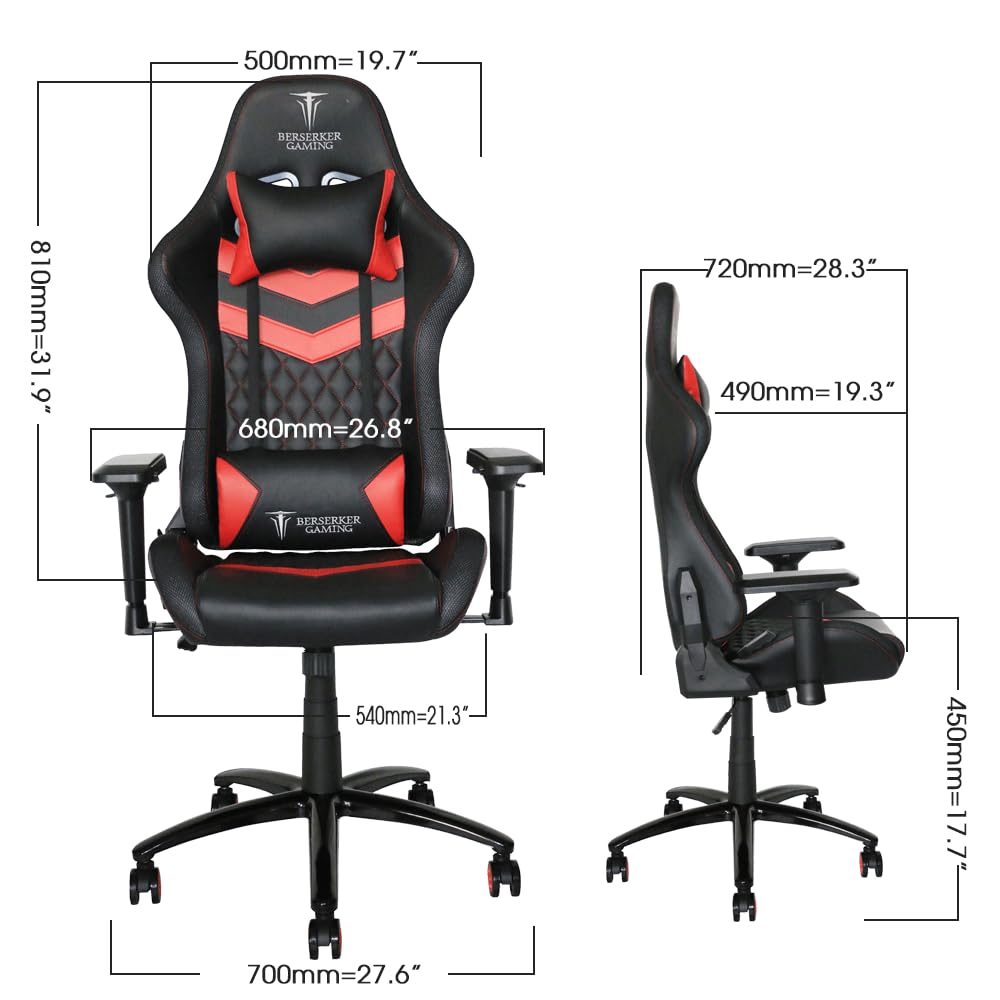 BERSERKER Silla Gaming Ergonómica, Respaldo Reclinable 180°, Base Metálica 70 cm, Capacidad 160 kg, Negro