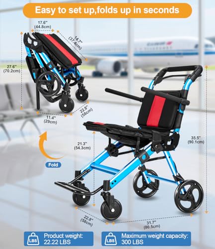 Image of Wheelchairs for Adults,Transport Wheelchair Lightweight Foldable Chairs with Handbrakes,Portable Wheelchair Travel Wheel Chairs for Seniors,Walkers for Seniors Support 300lbs(Blue)