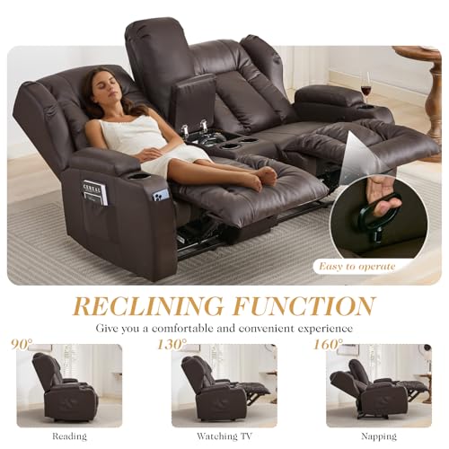 Image of Loveseat Recliner Sofa with Console,RV Wall Hugger Recliners for Small Spaces,Reclining Loveseat Sofa Recliner with LED Lights /Cup Holders /Lumbar Pillows,RV Furniture,PU Brown,66 inch 2-Seater with Light