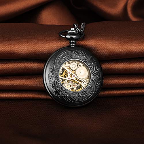 Reloj de bolsillo mecánico vintage de cuerda manual para regalar con cadena negra 5