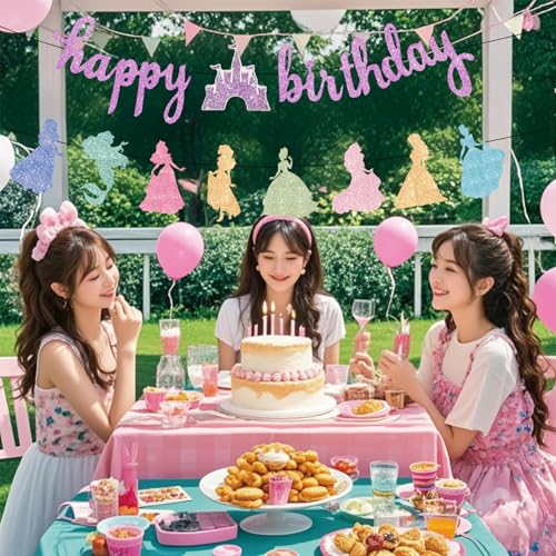 Image of Princess Birthday Banner Decorations - Pink Happy Birthday Garland Glitter Bunting for Girls Coquette Birthday Party Decorations Favor Supplies