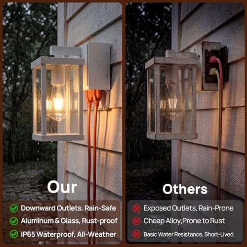 Image of Porch Lights with GFCI Outlets Dusk to Dawn Outdoor Wall Lights Waterproof Exterior Lighting Fixtures Modern Outside Lights Wall Mount for House Patio Garage,White,11.8''H,1PC