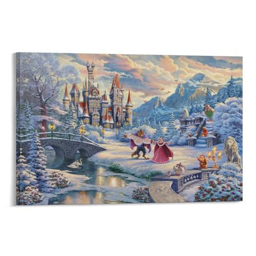 ノーブランド品 ThomasKinkadeDisneyトーマス・キンケイドディズニー美女と野獣素晴らしいペインティング・ポスタープリントキャンバス絵画壁アートモダンホーム装飾ぶら下がるポスター画像壁の絵版画ギフト24x36inch60x90cm