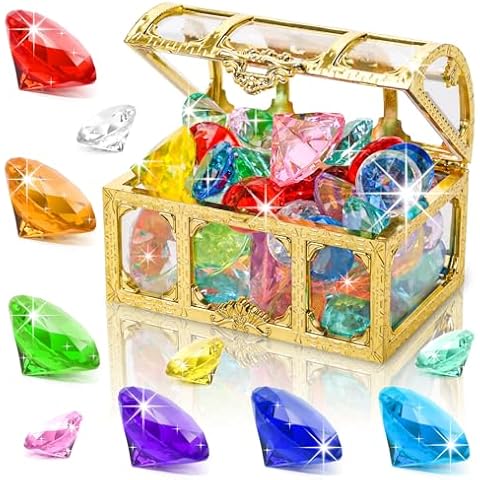 FUTUREPLUSX 50PCS Diving Gem Pool Toy, Gem with Treasure Pirate Chest Box Underwater Acrylic Gemstones Set Swimming Toys Dive Throw Underwater for Game Gift Boys and Girls Cover