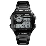 スクエアウォッチ 防水 ステンレススチール バンド 多機能 デジタル 腕時計 1.7 * 1.8 inch ブラック