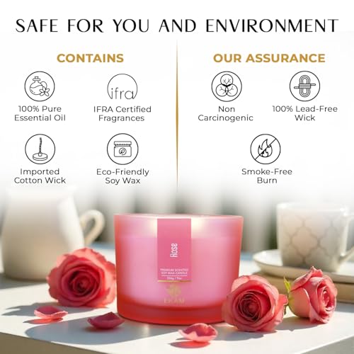 Image of EKAM 3 Wick Soy Wax Scented Candle | Rose Fragrance | 35 Hr Burn | Long Lasting Premium Jar Candle for Home Decor, Relaxation & Gifting