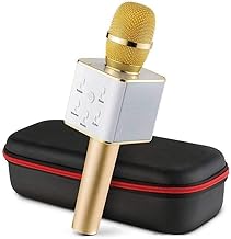 VRJTEC Bluetooth Wireless Microphone | 2-in-1 Karaoke Mic with Audio Recording, Long Playtime, USB Charging, Card Slot & Aux Port | Portable Singing Mic – White & Golden