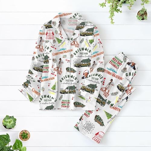 Christmas Vacation Allover Print Lounge Sleep Pajama Set, Griswold Christmas Pajamas Set, Griswold Co Pajamas Set, Christmas Tree Farm Set, Family Pajamas White2