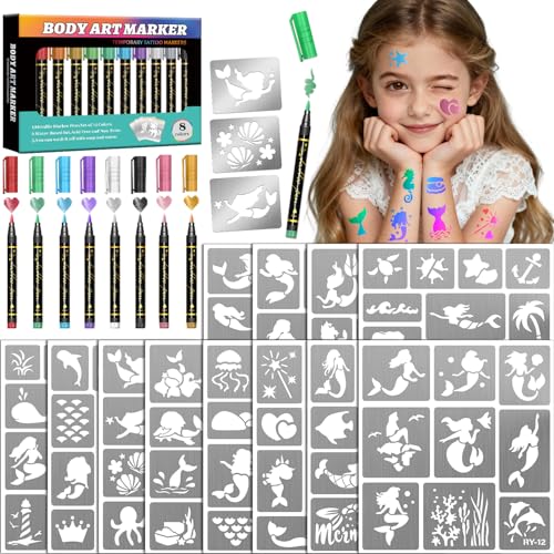 Gabizafia Temporary Tattoo Markers for Skin, 12 Metallic Body Markers + 183PCS Tattoo Stencils for Kids Adults Women Men Body Face Painting Marker Set, Cosmetic Tattoos Pens for School Show Party