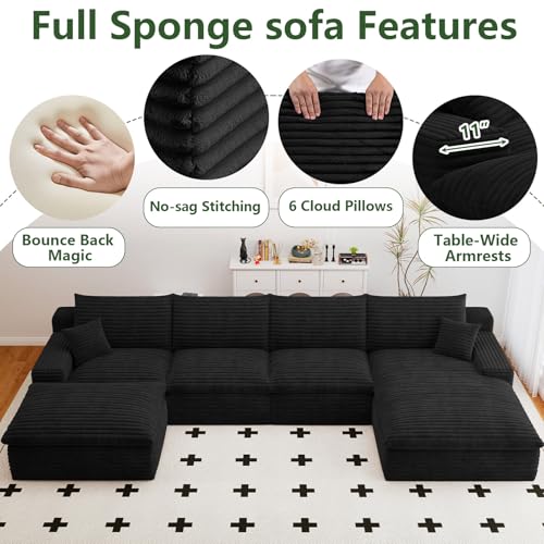 Image of 136 inch Cloud Couch Modular Sectional Sofa for Living Room, U-Shape Boneless Couch with Deep Seat, Modern Corduroy 4-Seater with Ottoman, No Assembly Required (Black,Right-Facing Chaise)