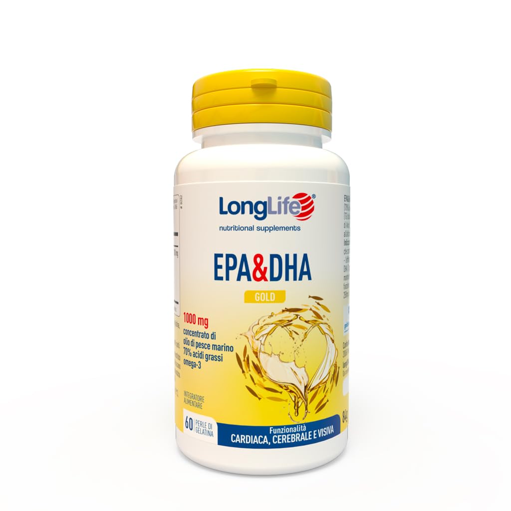 LongLife® EPA&DHA Gold | Alto dosaggio | Olio di pesce marino titolato al 70% in Omega-​3 | Funzione cardiovascolare, cerebrale e visiva | Certificato IFOS | Fino 2 mesi di trattamento | Senza glutine